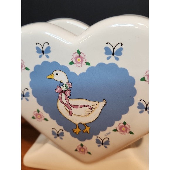 Vtg Treasure Craft Napkin Holder "Ribbon Geese" White Ceramic Heart Geese Design - Picture 5 of 6